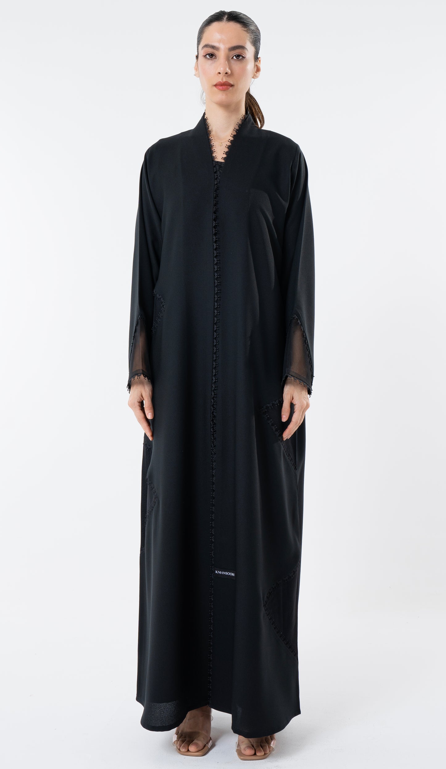 Black Cut Pattern Abaya With High Neck Detailing