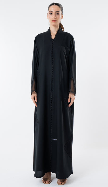 Black Cut Pattern Abaya With High Neck Detailing