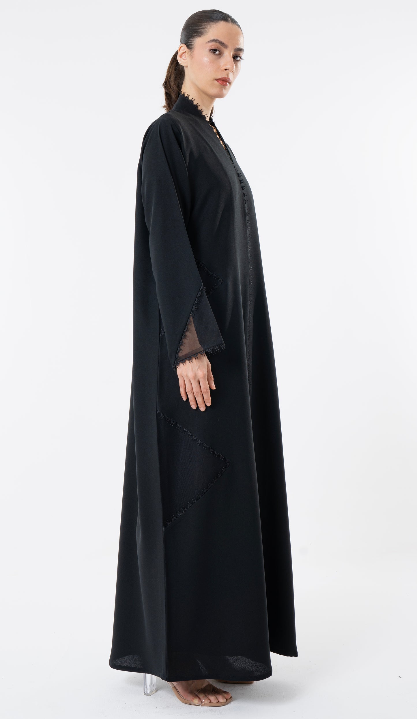 Black Cut Pattern Abaya With High Neck Detailing