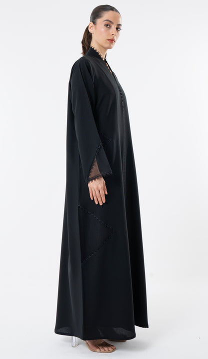 Black Cut Pattern Abaya With High Neck Detailing