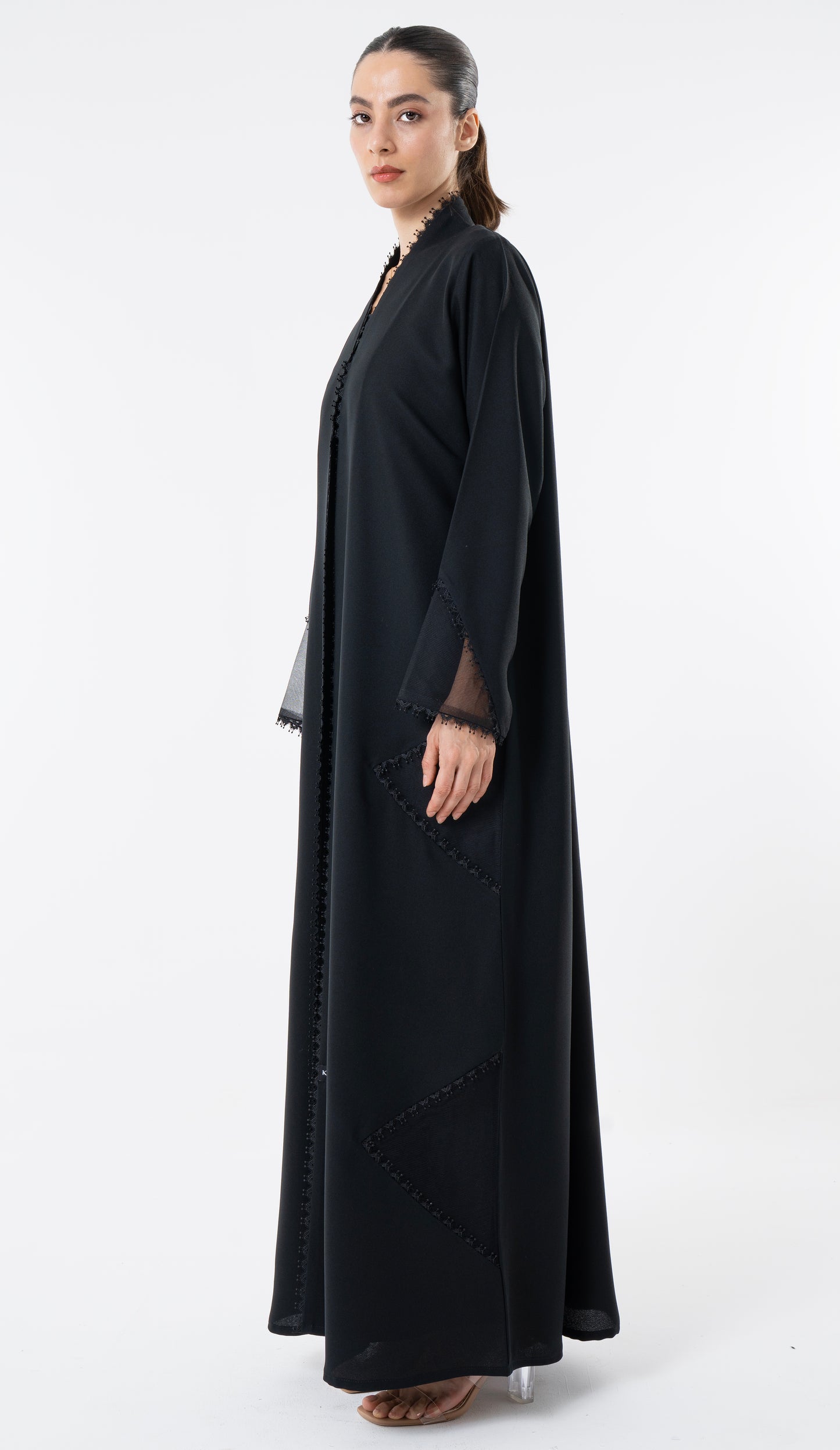 Black Cut Pattern Abaya With High Neck Detailing