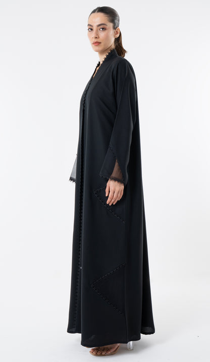 Black Cut Pattern Abaya With High Neck Detailing