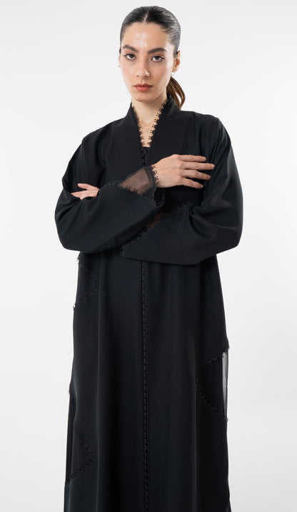 Black Cut Pattern Abaya With High Neck Detailing