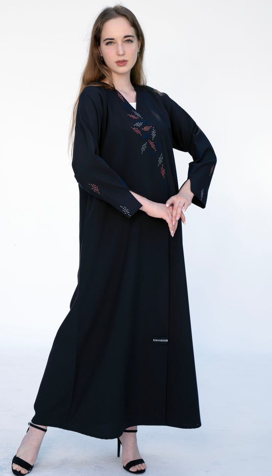 Overlap Abaya With Colourful French Knot Embroidered Detailing