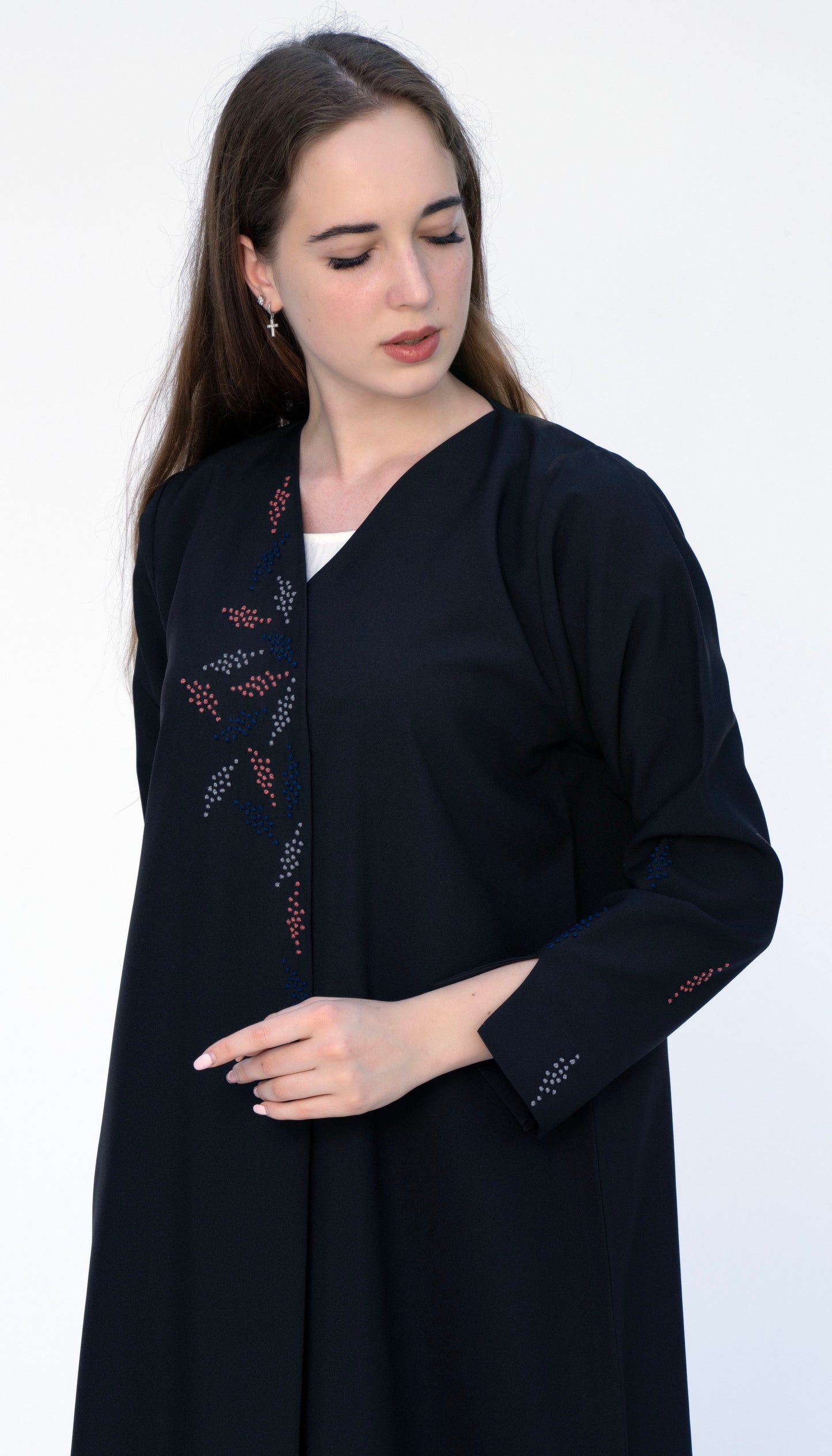 Overlap Abaya With Colourful French Knot Embroidered Detailing