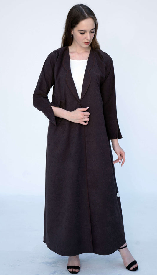 Coat Style Brown Abaya With Thread Stitch Detailing