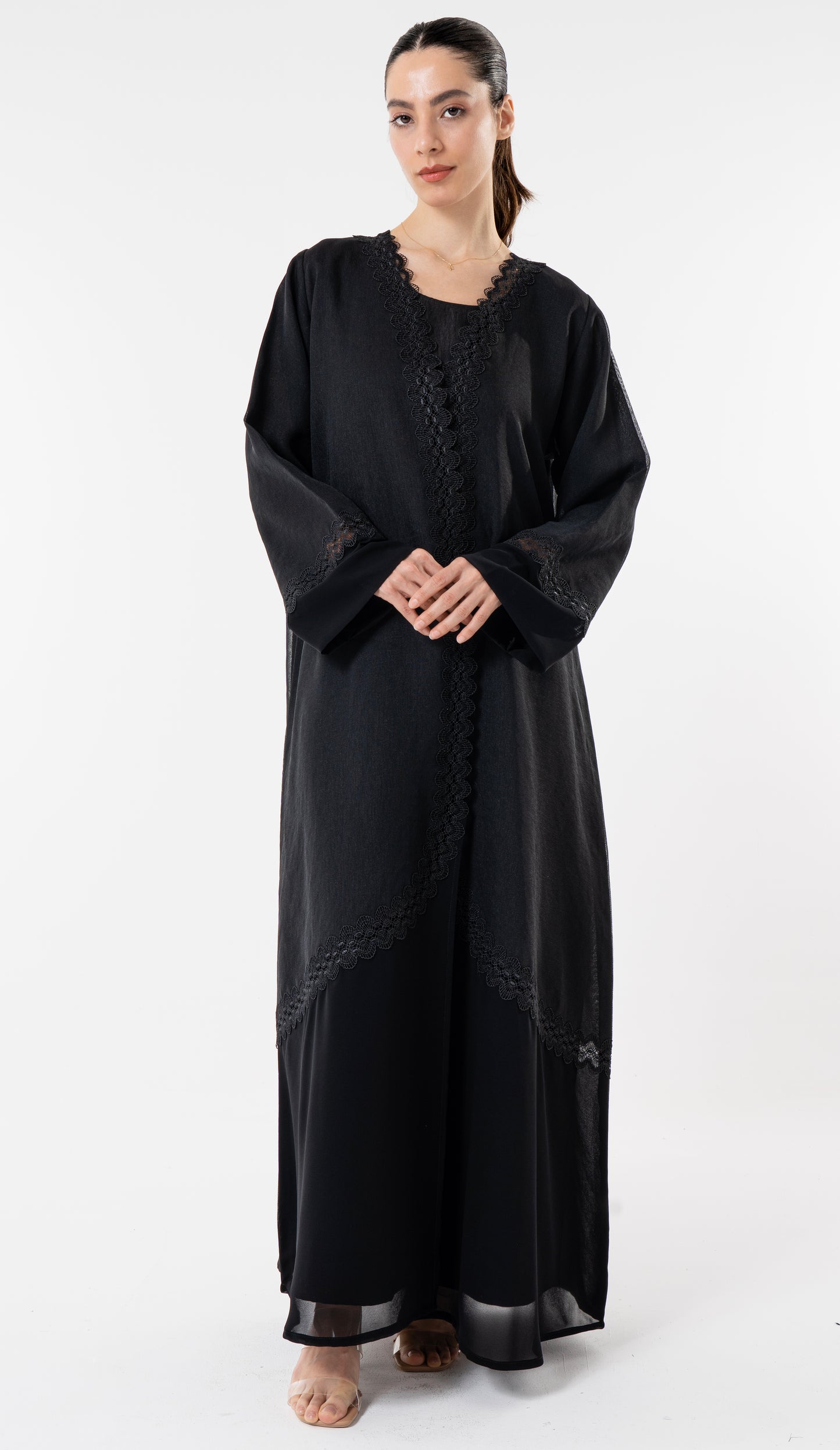 Black Double Shade Abaya With Lace Work