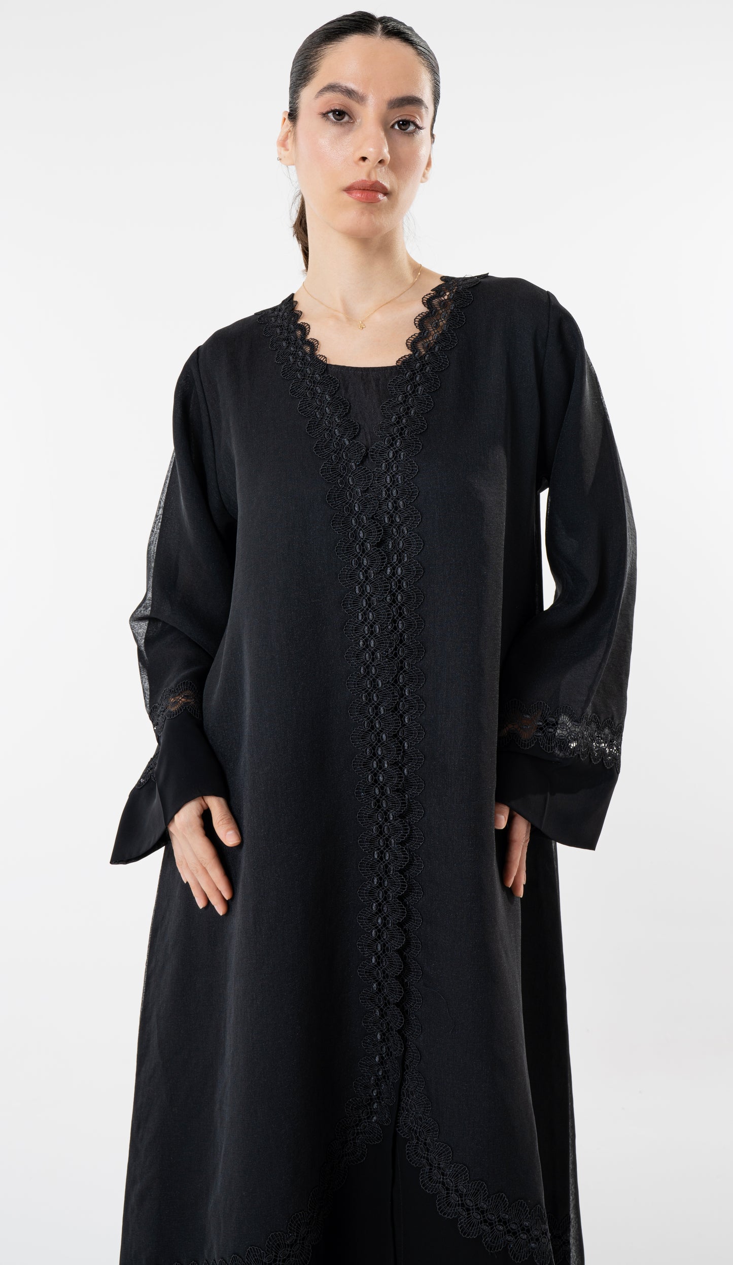 Black Double Shade Abaya With Lace Work
