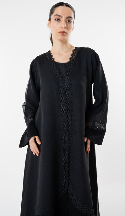 Black Double Shade Abaya With Lace Work