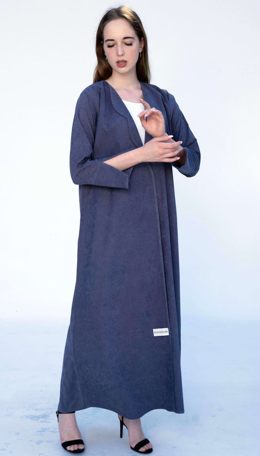Coat Style Grey Abaya With Thread Stitch Detailing
