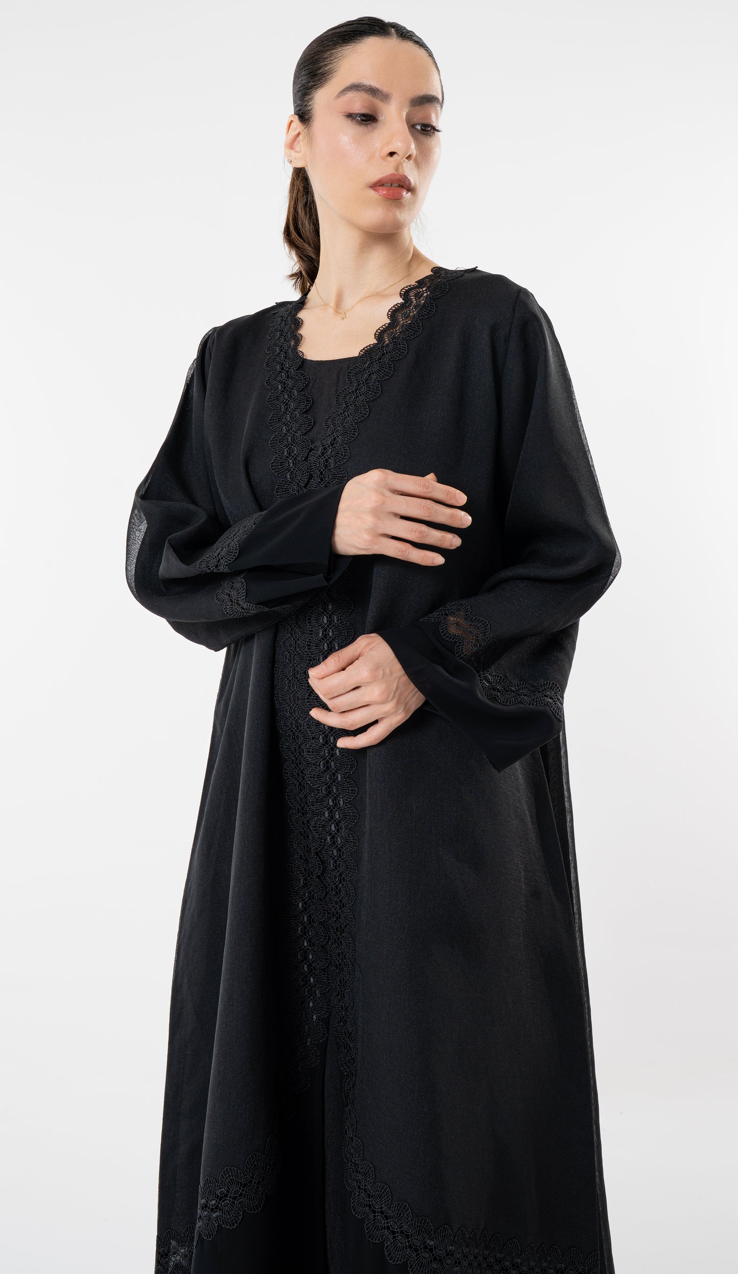 Black Double Shade Abaya With Lace Work