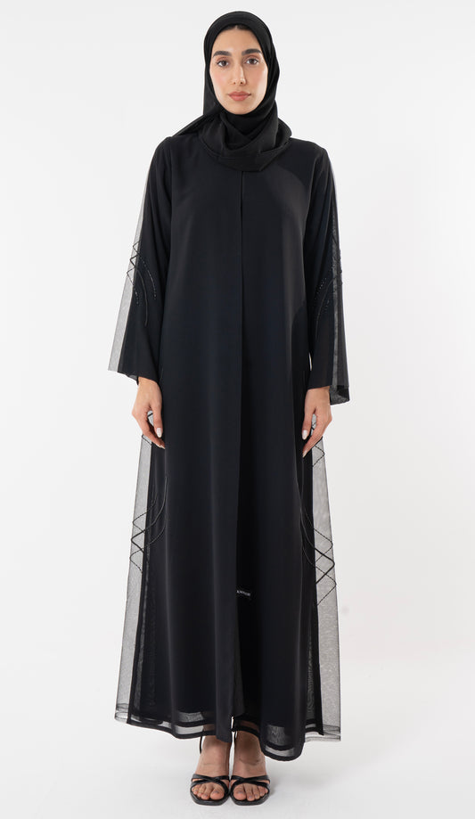 Black Abaya With Side Cut Design Embellished With Bead Detailing