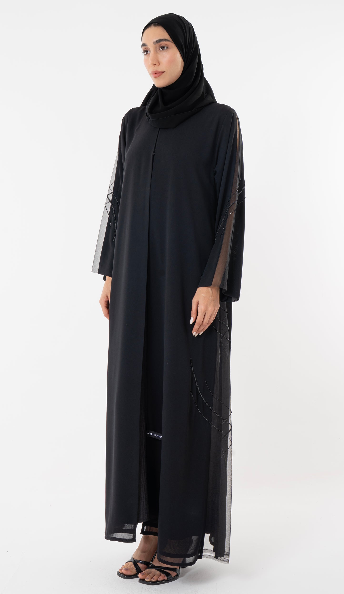 Black Abaya With Side Cut Design Embellished With Bead Detailing