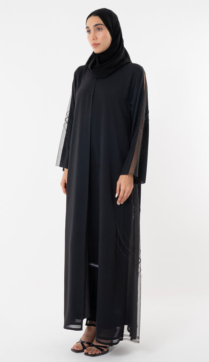 Black Abaya With Side Cut Design Embellished With Bead Detailing