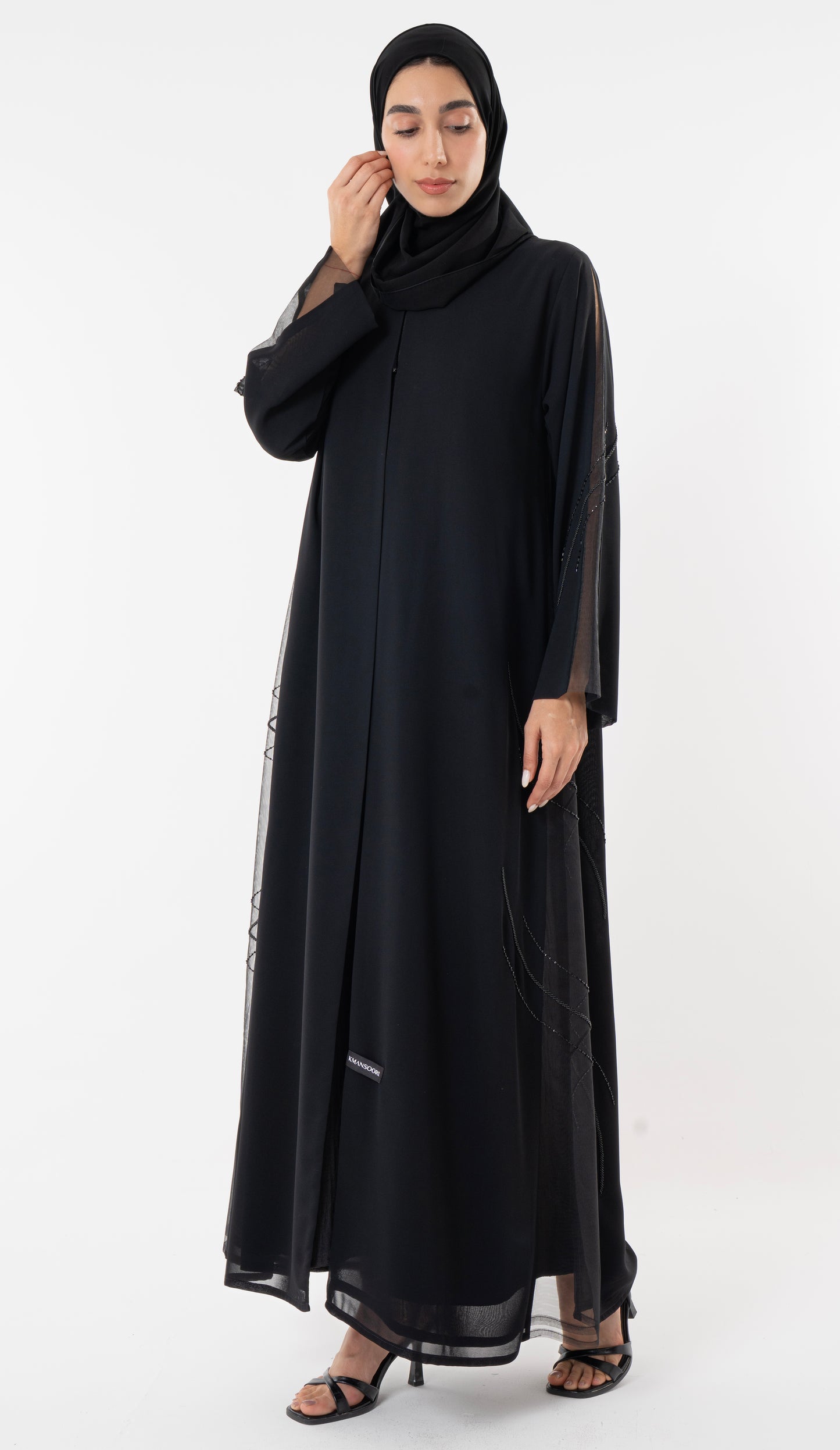 Black Abaya With Side Cut Design Embellished With Bead Detailing