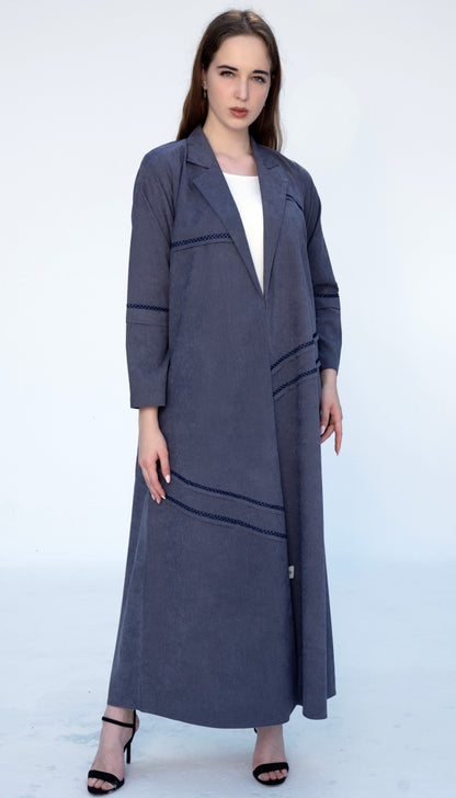 Collar Abaya With Blanket Stitch Detailing On Front And Sleeve