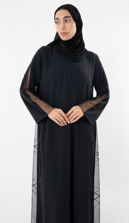 Black Abaya With Side Cut Design Embellished With Bead Detailing