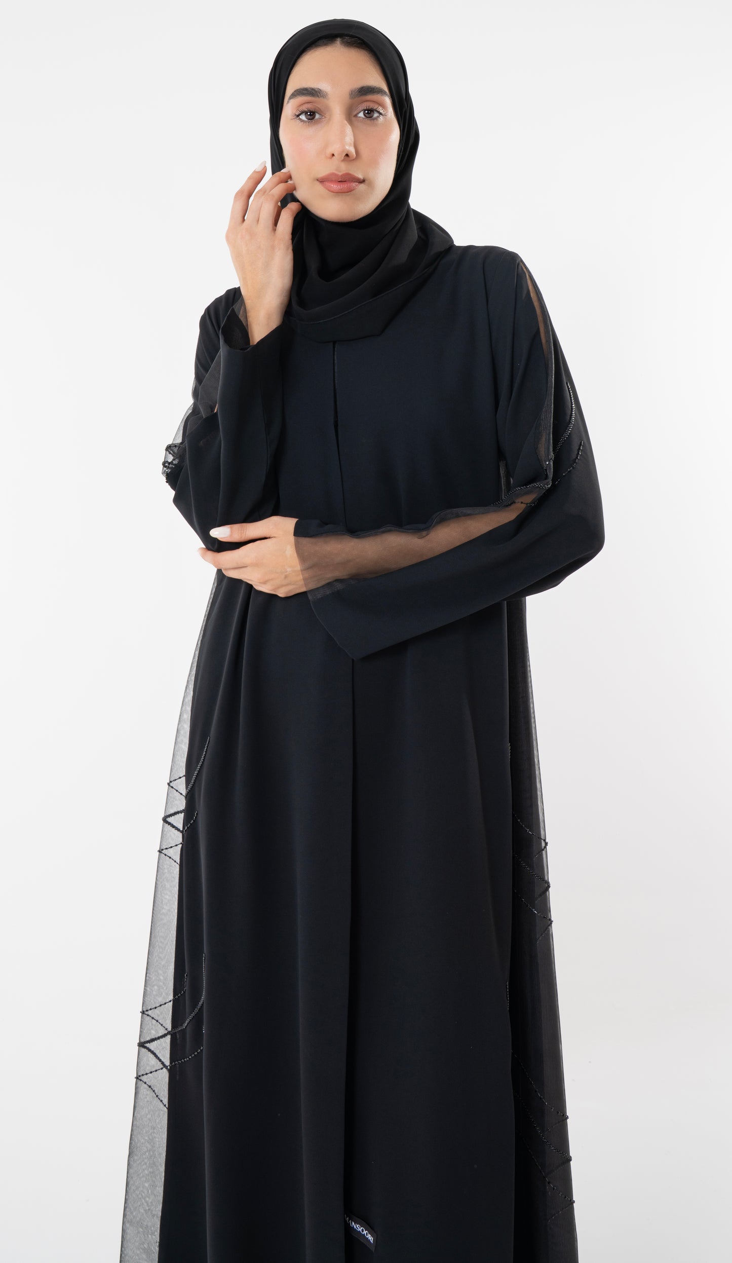 Black Abaya With Side Cut Design Embellished With Bead Detailing