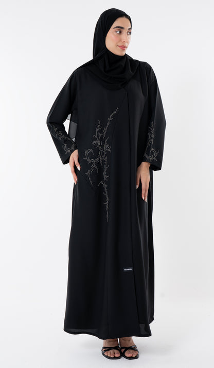Black Abaya With Knot Embroidery Design On Front And Sleeve