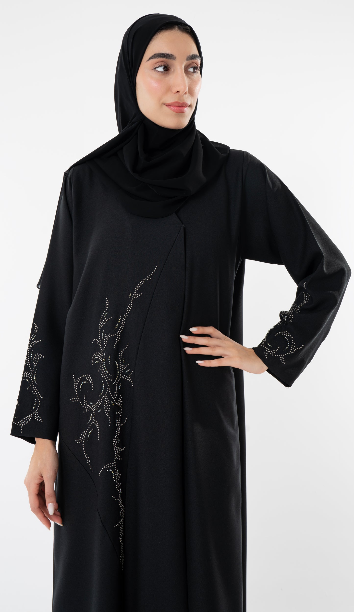 Black Abaya With Knot Embroidery Design On Front And Sleeve