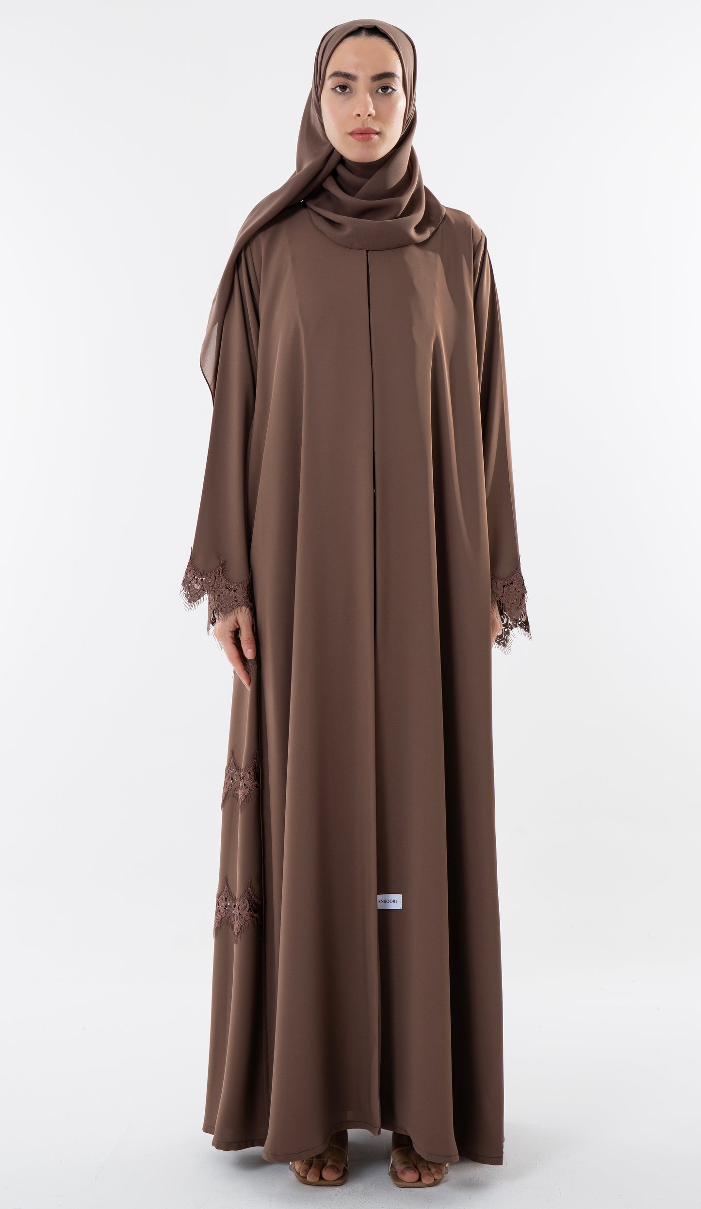 Side Cut Beige Abaya With Embroidery Lace Detailing