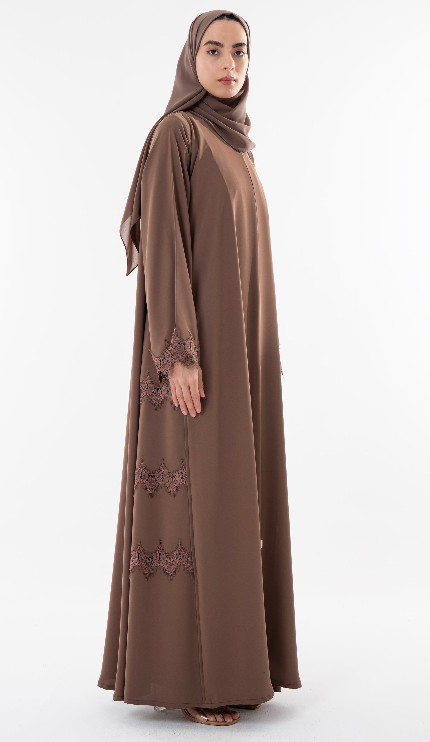 Side Cut Beige Abaya With Embroidery Lace Detailing