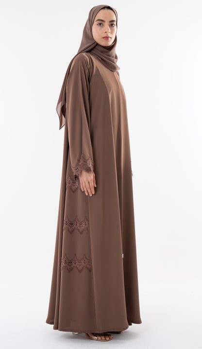 Side Cut Beige Abaya With Embroidery Lace Detailing
