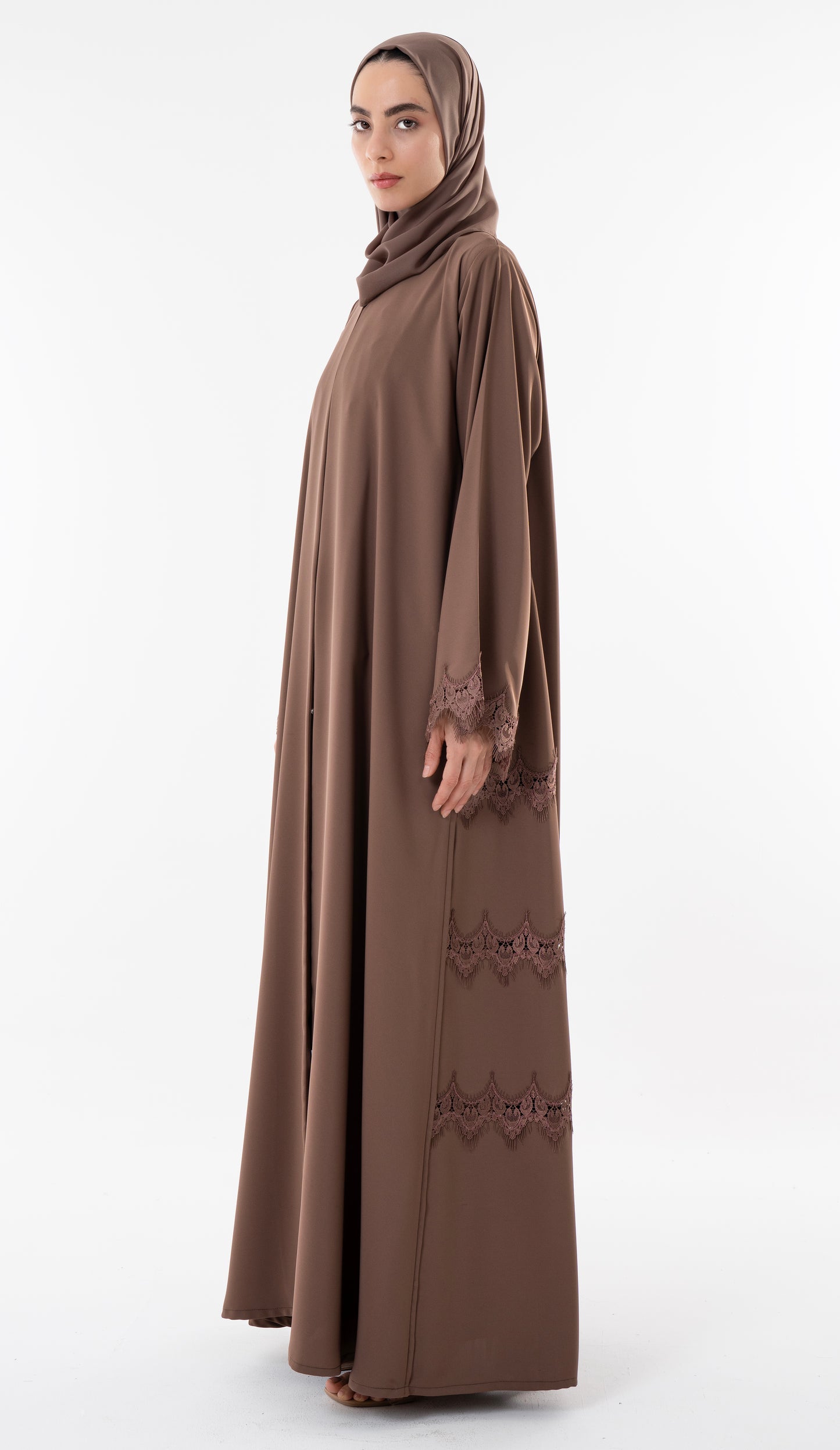 Side Cut Beige Abaya With Embroidery Lace Detailing