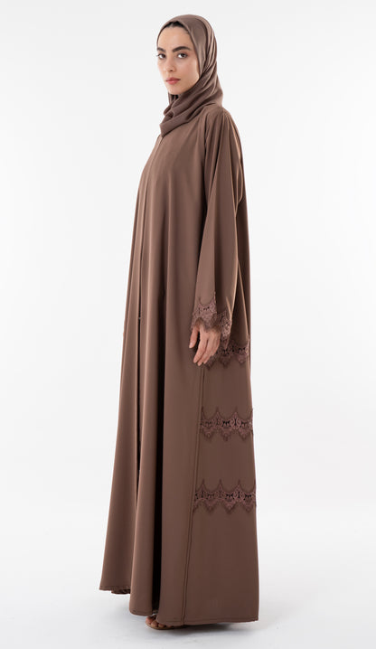 Side Cut Beige Abaya With Embroidery Lace Detailing