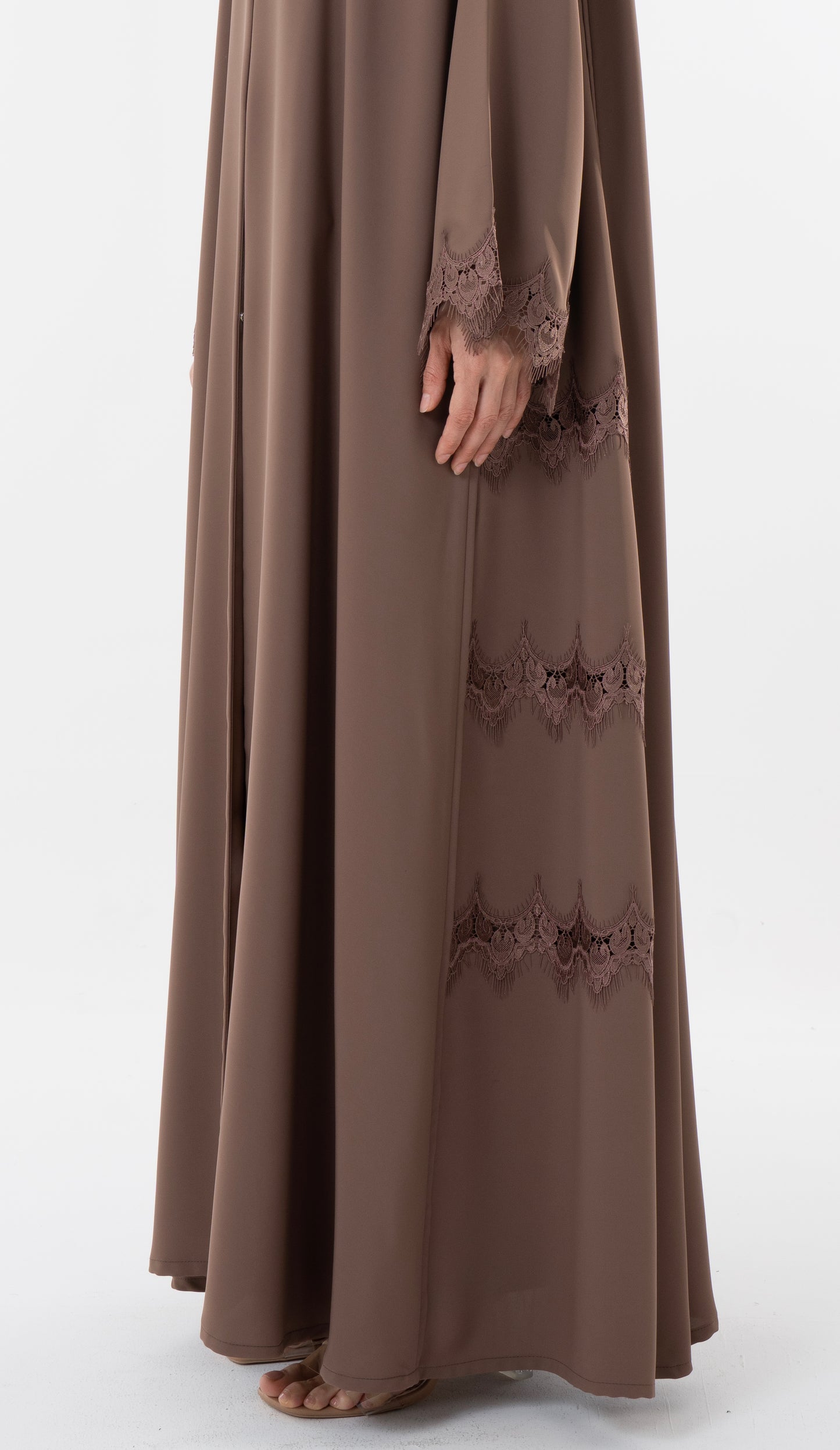 Side Cut Beige Abaya With Embroidery Lace Detailing