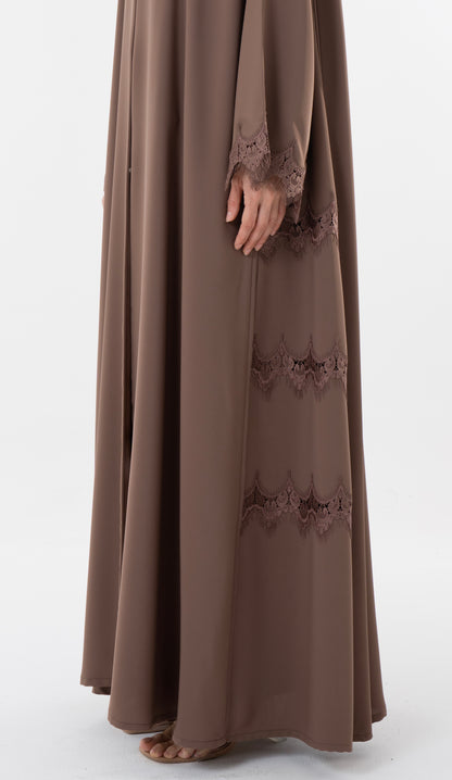 Side Cut Beige Abaya With Embroidery Lace Detailing