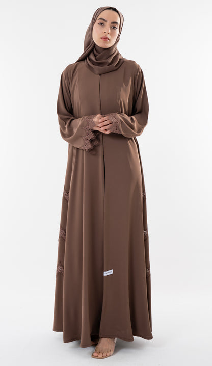 Side Cut Beige Abaya With Embroidery Lace Detailing
