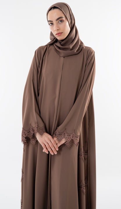 Side Cut Beige Abaya With Embroidery Lace Detailing
