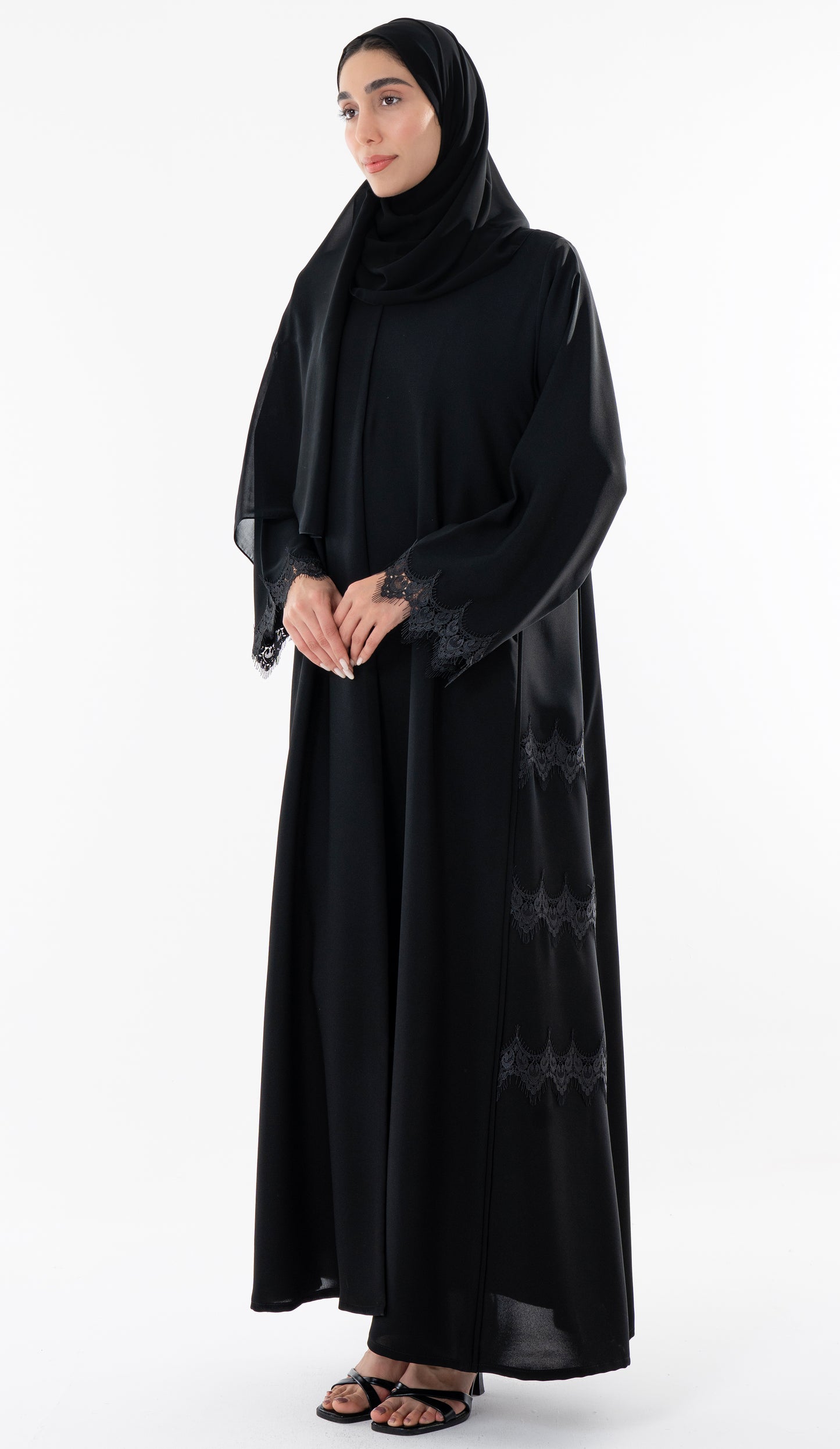 Side Cut Black Abaya With Embroidery Lace Detailing