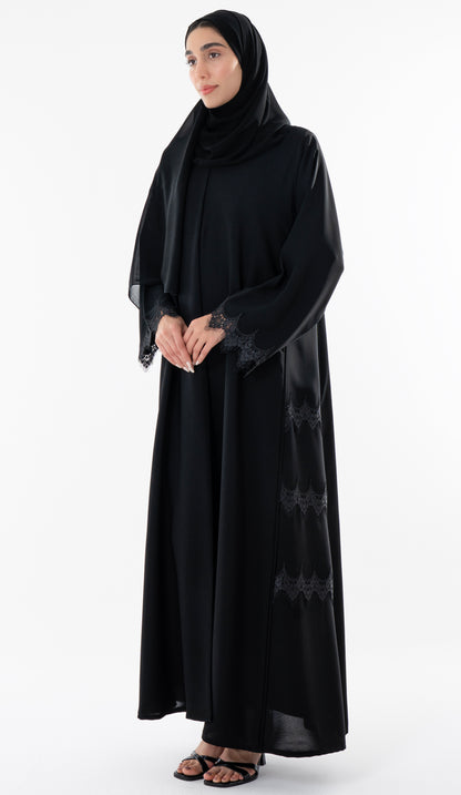 Side Cut Black Abaya With Embroidery Lace Detailing