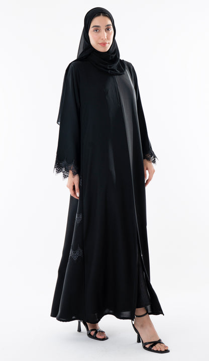 Side Cut Black Abaya With Embroidery Lace Detailing