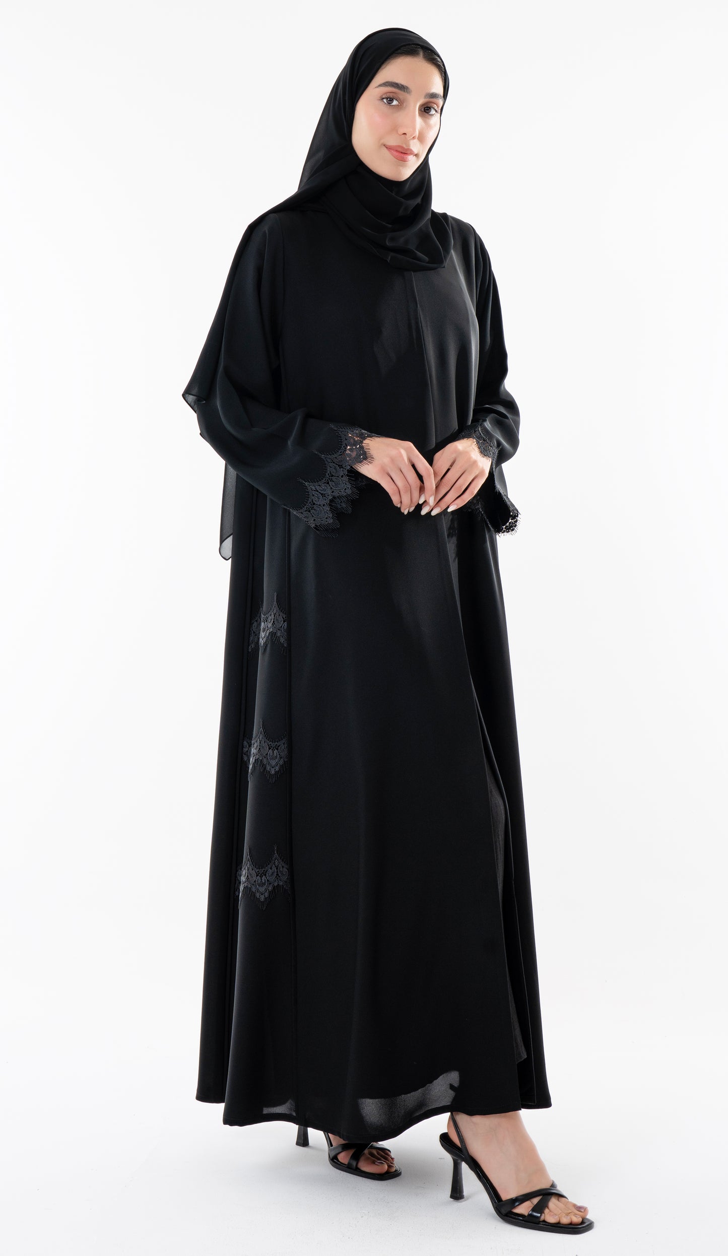 Side Cut Black Abaya With Embroidery Lace Detailing