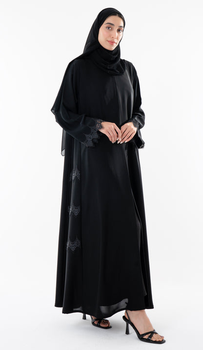 Side Cut Black Abaya With Embroidery Lace Detailing