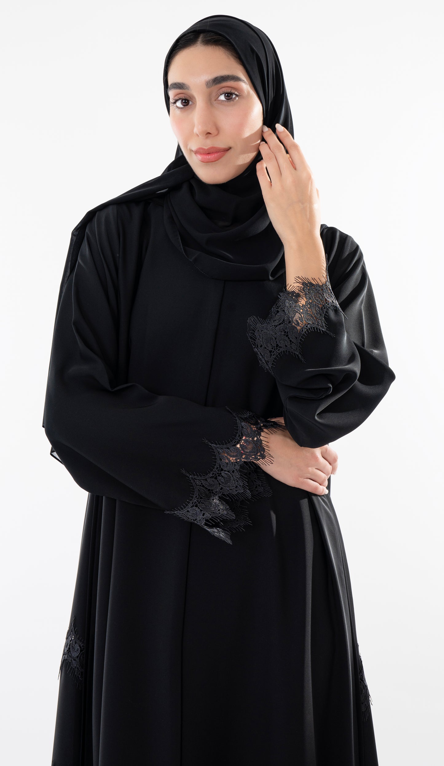 Side Cut Black Abaya With Embroidery Lace Detailing