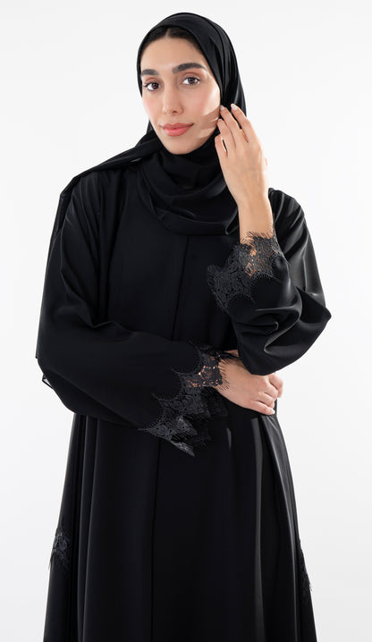 Side Cut Black Abaya With Embroidery Lace Detailing