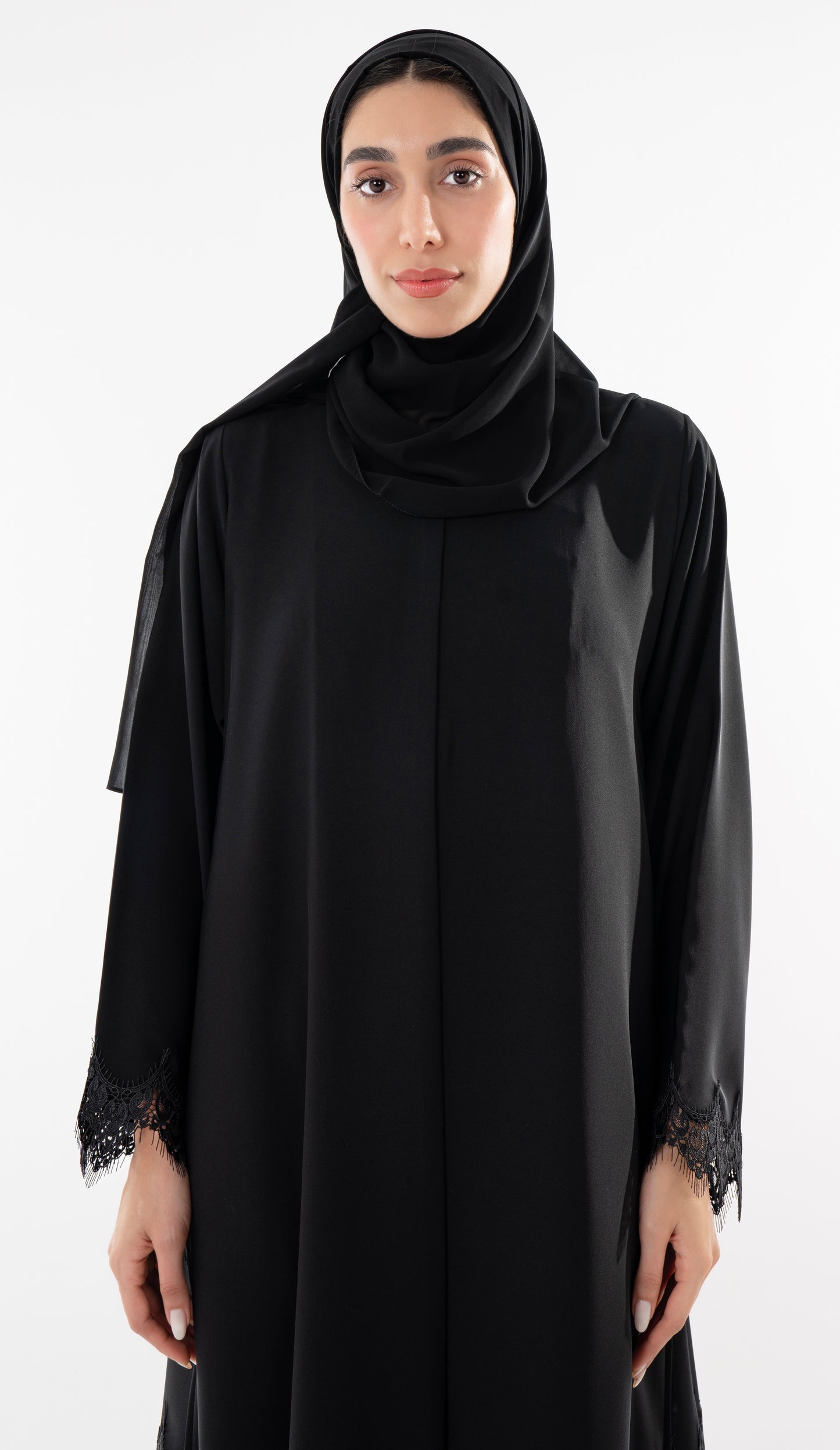 Side Cut Black Abaya With Embroidery Lace Detailing