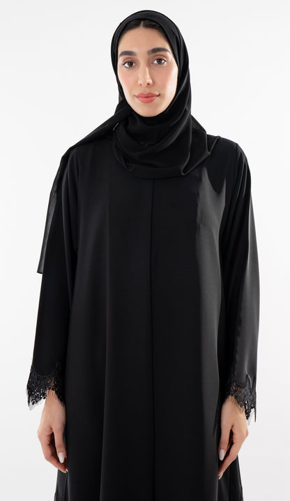 Side Cut Black Abaya With Embroidery Lace Detailing