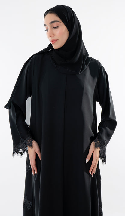 Side Cut Black Abaya With Embroidery Lace Detailing