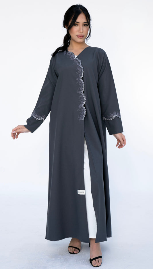 Embroidered Curve Pattern Overlap Abaya With Curve Cut Sleeve