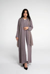 Brown abaya for women with flower motif design line on front and simple bead line on sleeve.