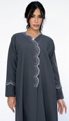 Embroidered Curve Pattern Overlap Abaya With Curve Cut Sleeve