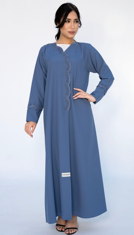 Embroidered Curve Pattern Overlap Abaya With Curve Cut Sleeve