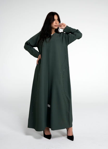 Green abaya with curve design embellishment on front side and sleeve