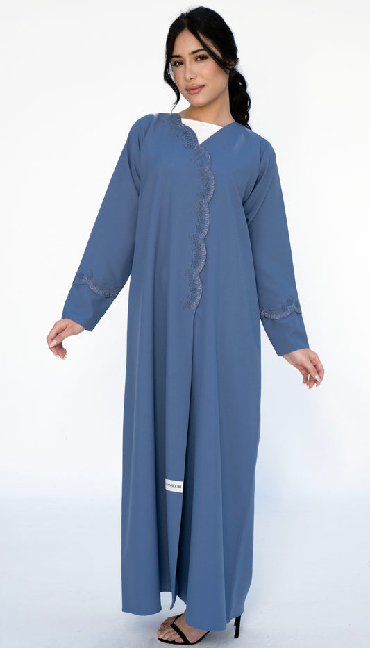 Embroidered Curve Pattern Overlap Abaya With Curve Cut Sleeve
