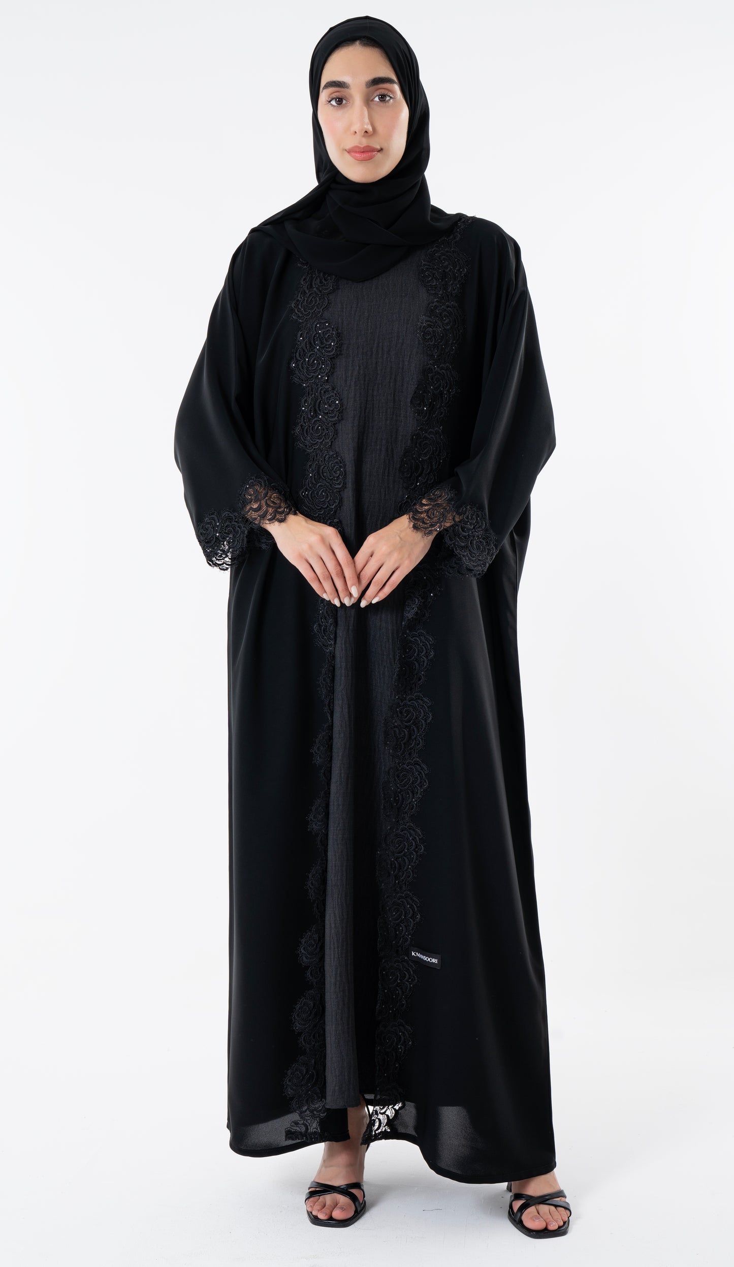 Open Black Abaya With Embroidery Lace In Bahrini Style